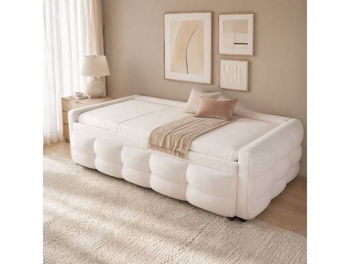 Lit Gigogne 90/180x190 Cm Beige En Tissu Teddy Avec Sommier À Lattes\, Gain De Place Et Multifonction