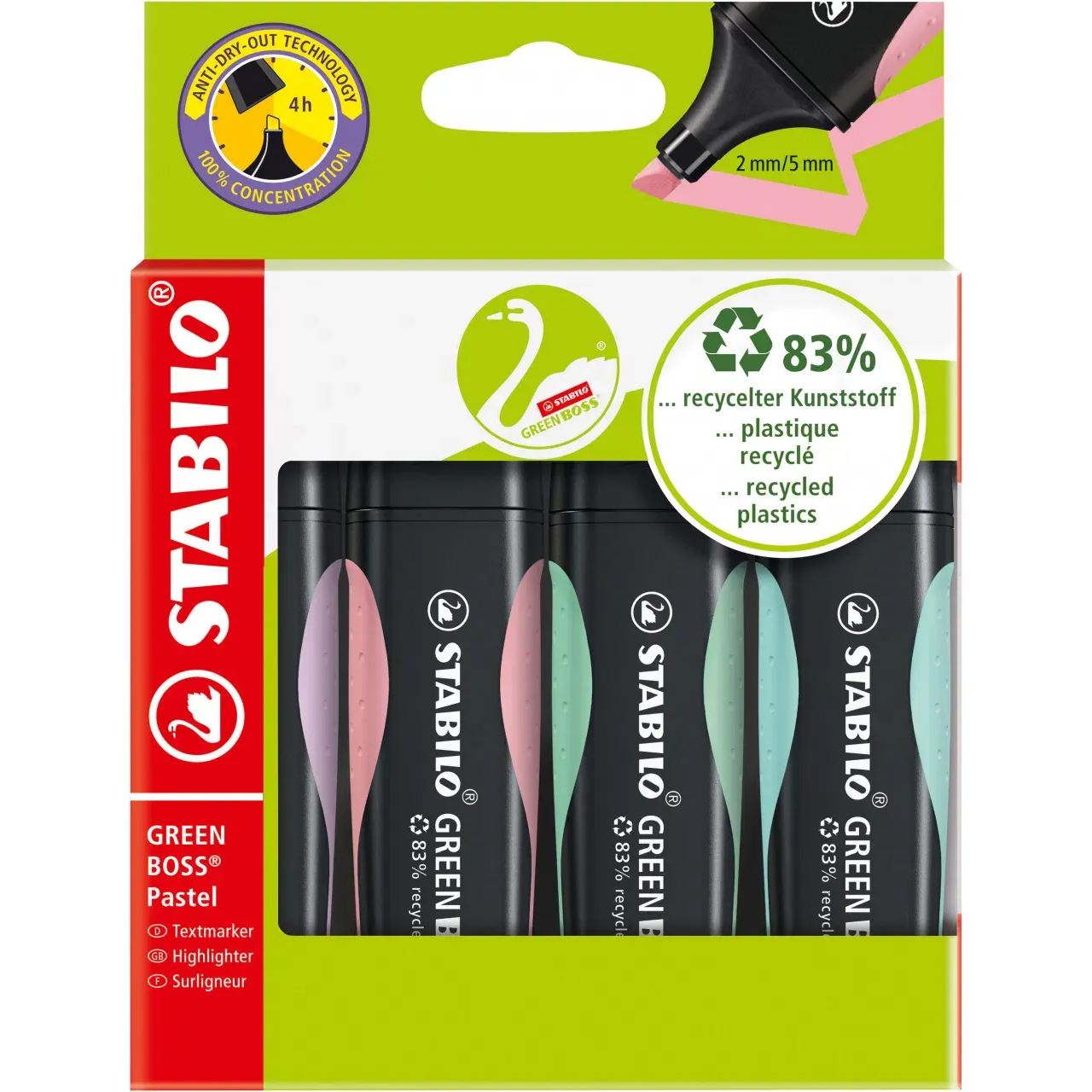 STABILO GREEN BOSS Pastell Textmarker farbsortiert, 4 St.