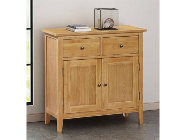 Hallowood Furniture ASTON Eiche Kleines Sideboard mit 2 Schubladen & Schrank, Sideboard aus Holz mit verstellbaren Regalen, breiter Aufbewahrungskommode, Schränke für Wohnzimmer & Schlafzimmer