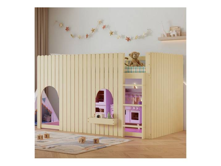 REDOM Hochbett mit mehrfarbigen LED-Lichtleisten, dreistufiger Leiter und Ablagefach (90x200 cm, mit mehrfarbigen LED-Lichtleisten, dreistufiger Leiter und Ablagefach, Holzbett Jugendbett) Inklusive Matratze
