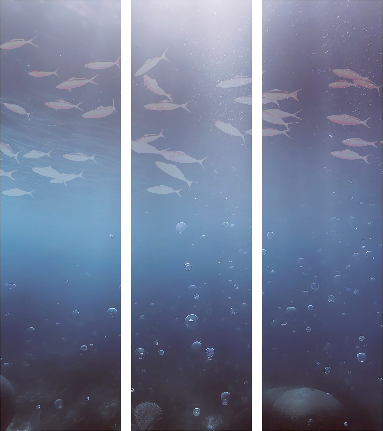 Japans Kamerscherm School of Small Fish – 3-delig – Houten Frame – Navy, Paars en Grijs – B/D/H: 135 x 172 cm