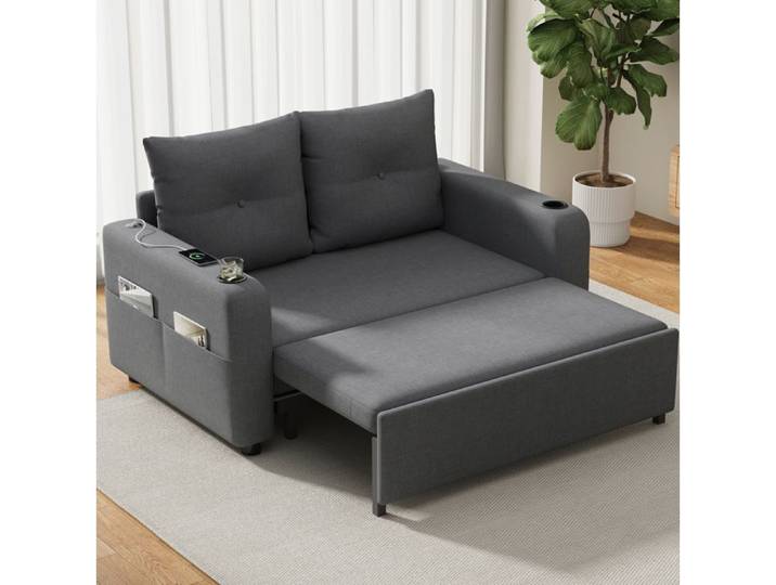 ROVRYN Canape convertible 3 en 1 2 places 131 x 81 x 94 cm avec USB Type-C porte-gobelets gris