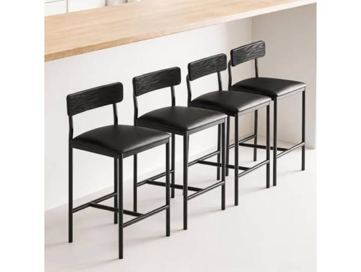GarveeMore 4er-Set Barhocker, 65 cm Sitzhöhe, PU-Polsterung, Rückenlehne Industrial-Stil, Fußstütze, bequeme Sitzfläche, stabile Konstruktion, pflegeleichter Bezug, einfache Montage, für Tresen