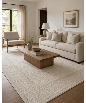 Well Woven Lafayette Crest Textured Medallion Area Rug, Ivory Cream Tonal Neutral