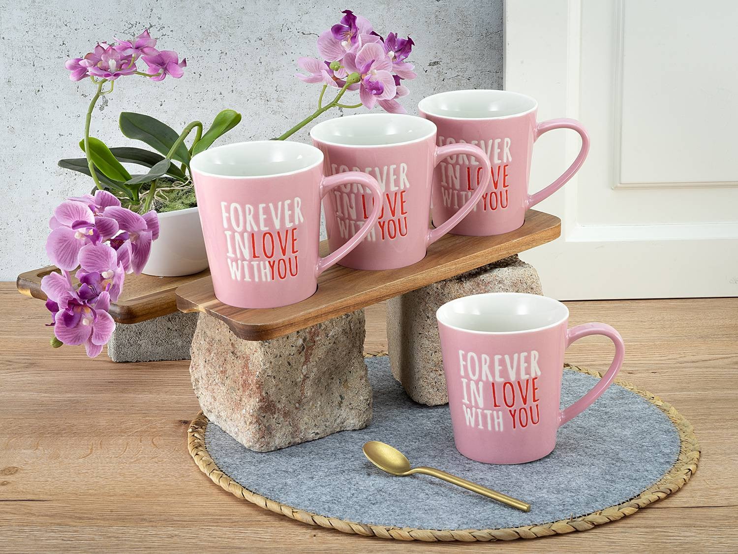 CreaTable Koffiemok Forever in love with you set van 6, roze, keramiek