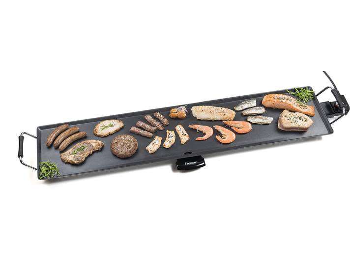 Bestron plancha/teppanyaki électrique XXXL avec revêtement antiadhésif\, plaisir de griller jusqu'à 10 personnes\, surface de gril extra longue\, 2.000 watts\, couleur ; noir