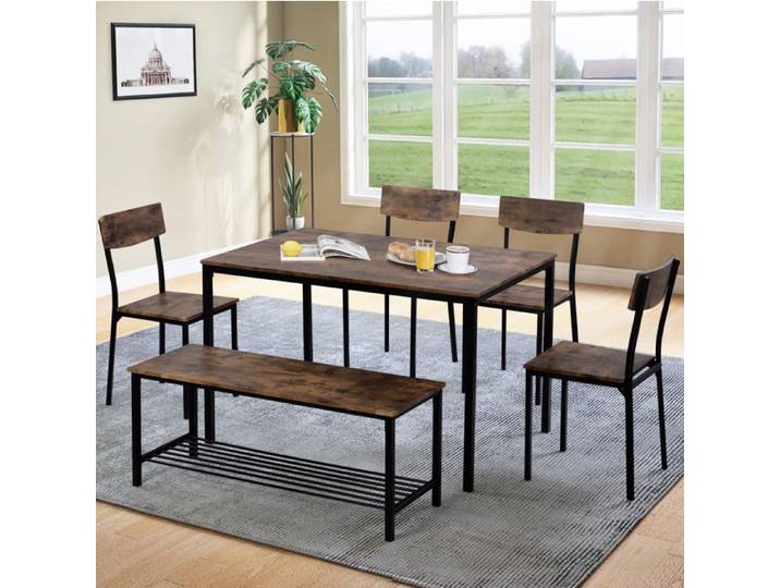 Ensemble table et chaises avec 1 Table 4 Chaises et 1 Banc - MODENVIE - Bois Composite et Acier - Marron