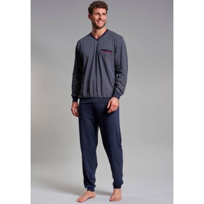 Pyjama GÖTZBURG "Manhattan", Herren, Gr. 48S, blau (navy), Single Jersey, Obermaterial: 100% Baumwolle, bedruckt, gemustert, bequem lang, V-Ausschnitt, angesetztes Bündchen, Homewear-Sets Pyjama, Langarm, V-Ausschnitt, lange Hose, V-Ausschnitt,...