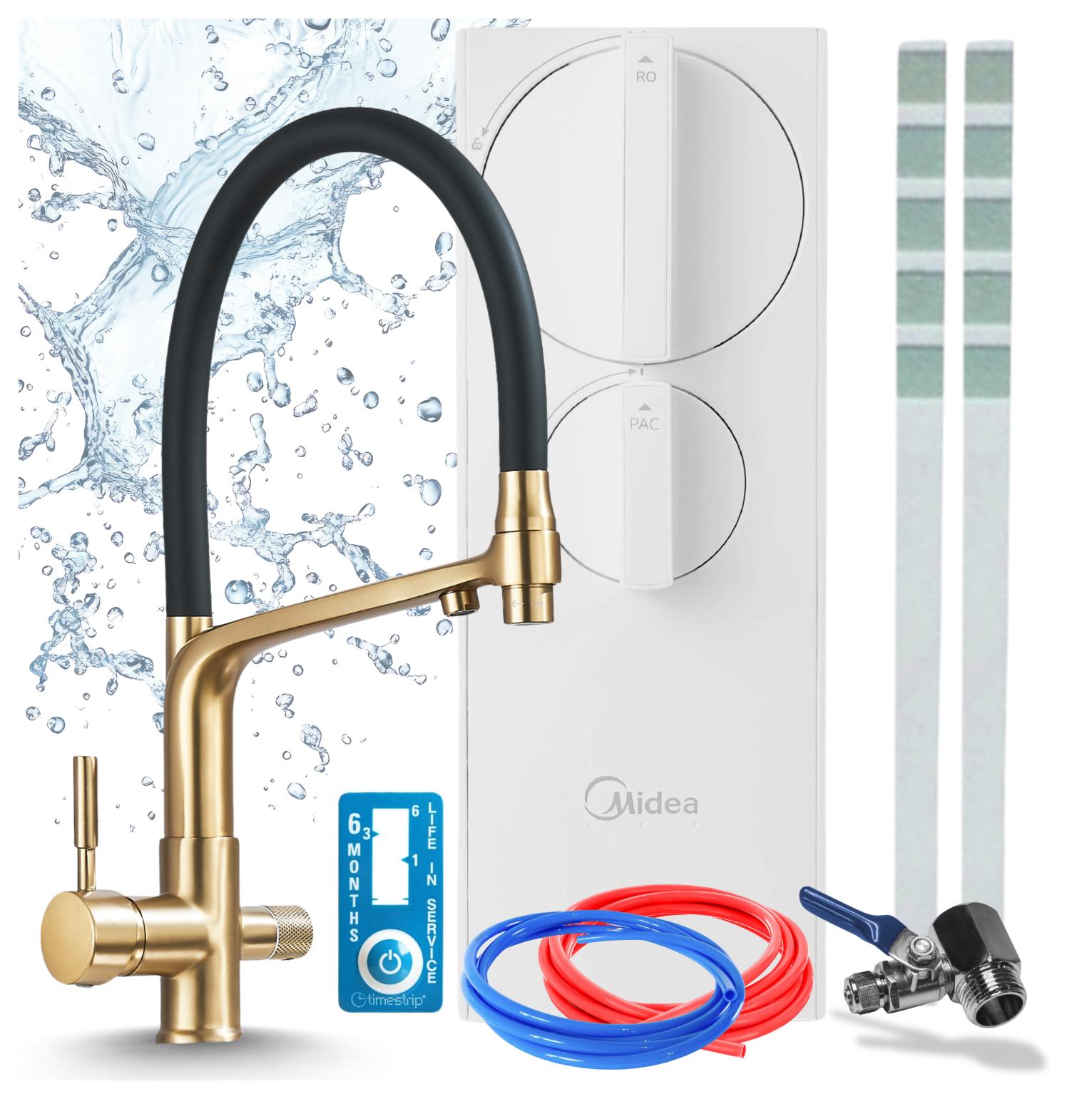Küchenarmatur Mit Wasserfilter Ari Ro5 400 Gpd Umkehrosmoseanlage Tanklos, Zweigriffarmatur, Perlator, Messing, Keramikkartusche, Gebürstetes Gold