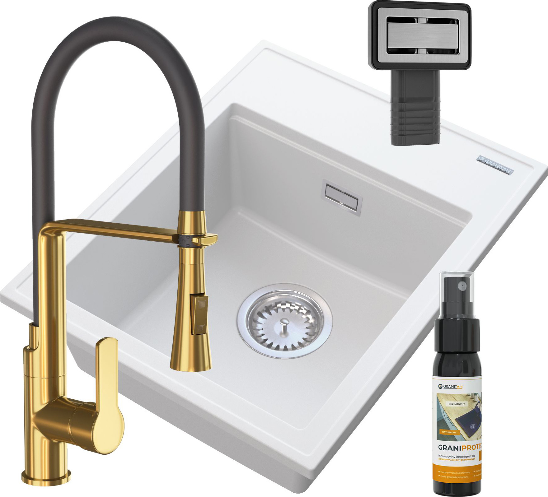 Granitan - Granitspüle - Küchenspüle - 50x40 cm - Weiß - mit Armatur VEGAS GOLD und Siphon - Spülbecken - ALOR