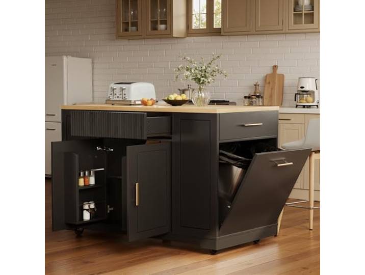 QQJIN Mobile Kücheninsel mit Rollen 120x50x92 cm, Kücheninsel Freistehend mit Abfallbehälterfach, 2 Türen & 3 Schubladen, Schwarz Küchenschrank mit Arbeitsplatte,B