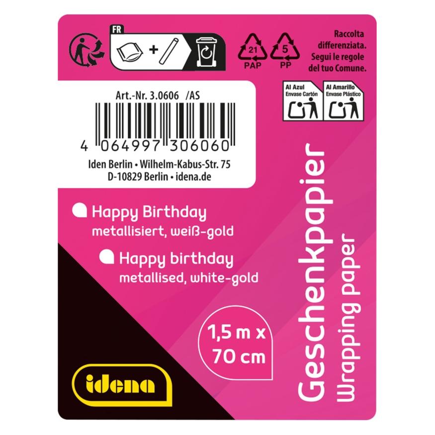 Idena Geschenkpapier Happy Birthday weiss gold metallisiert 70cmx150cm (1x) (69094633)