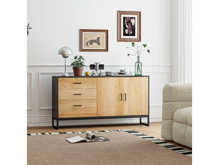 HOMCOM Buffet Salon 3 Tiroirs Étagère Réglable Pieds Acier