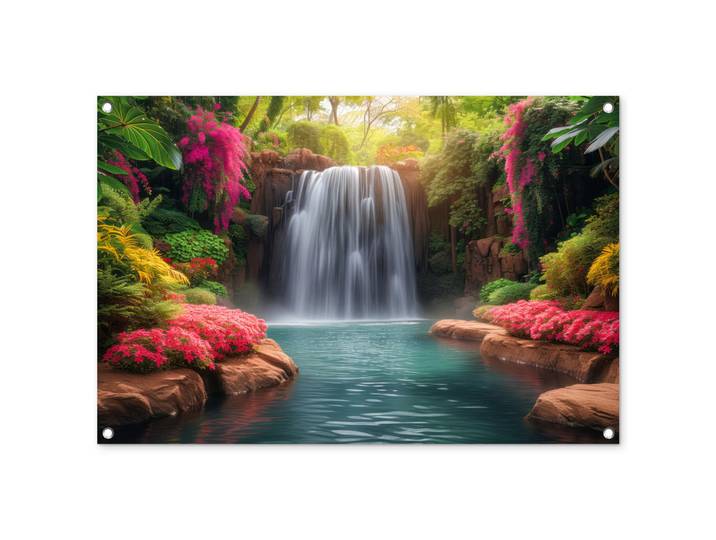 OnlyWow Gartenposter - Wasserfall - Natur - Pflanzen - Dschungel - Wasser - 90x60 cm, Grün, Kunststoff, Rechteckig, 90x60x0.2 cm, Bilder & Rahmen, Bilder, Wandbilder
