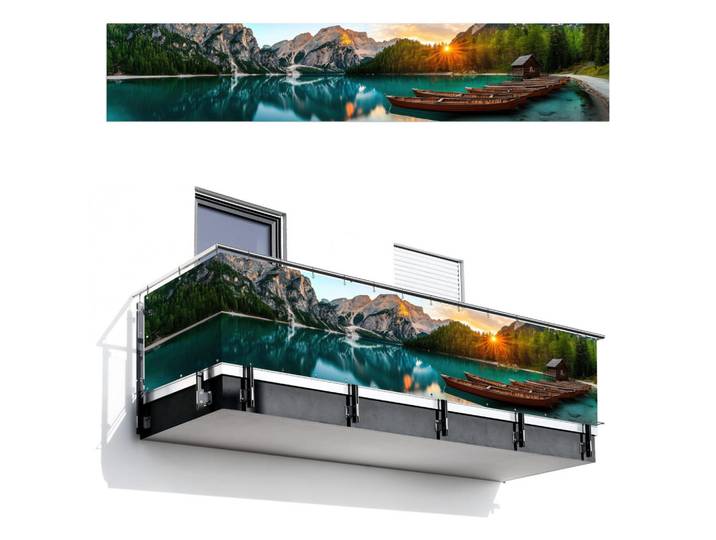 MuchoWow Balkon-Sichtschutz See - Berge - Sonnenuntergang - Boot, Petrol, Kunststoff, Rechteckig, 500x95 cm, Sonnenschutz, Sichtschutz