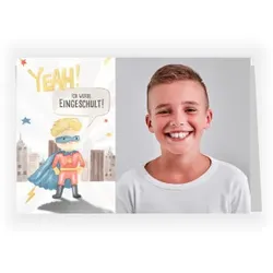Einladungskarte Einschulung: Einladung Superheld mit Foto in Weiß