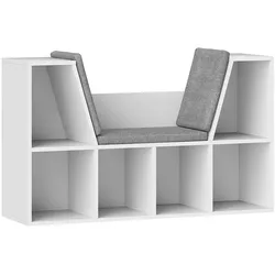 OKWISH Bücherregal Sitzbank Weiß 105x30x63 cm mit Sitzkissen und 6 Fächern, minimalistisches Stauraumregal aus Holzwerkstoff für Wohnen