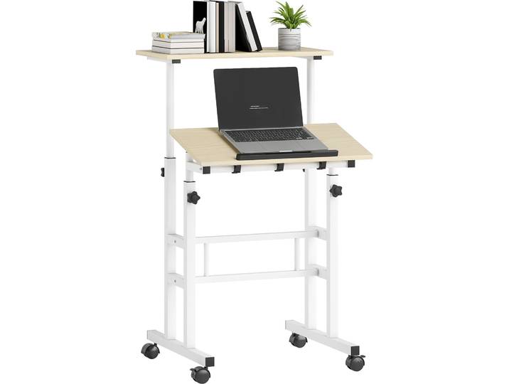 HOMCOM Bureau assis debout\, bureau réglable en hauteur 60 x 60 cm\, table ordinateur à roulettes avec plateau inclinable\, poste de travail pour chambre\, petits espaces\, naturel