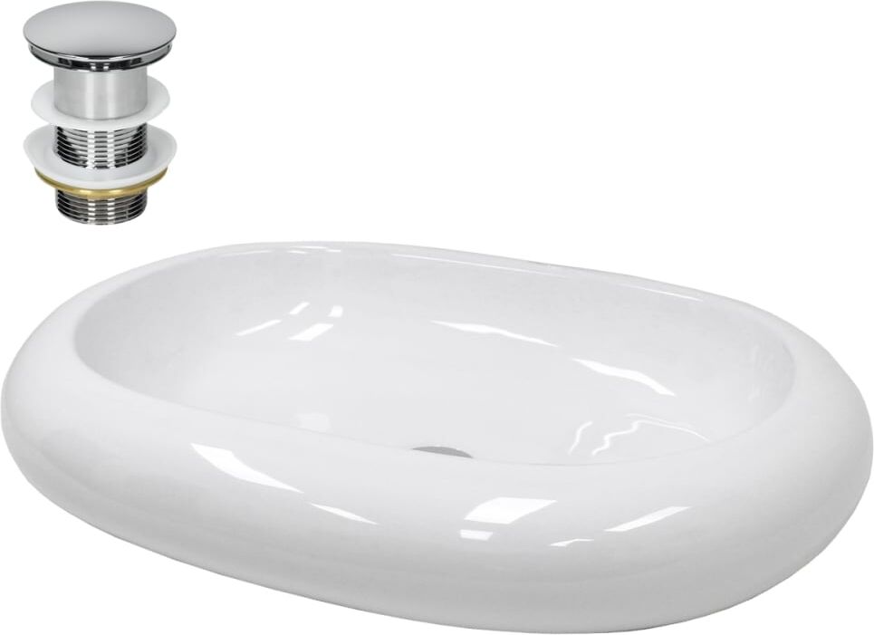 ECD Germany Lavabo blaco redondo de cerámica con desagüe plateado