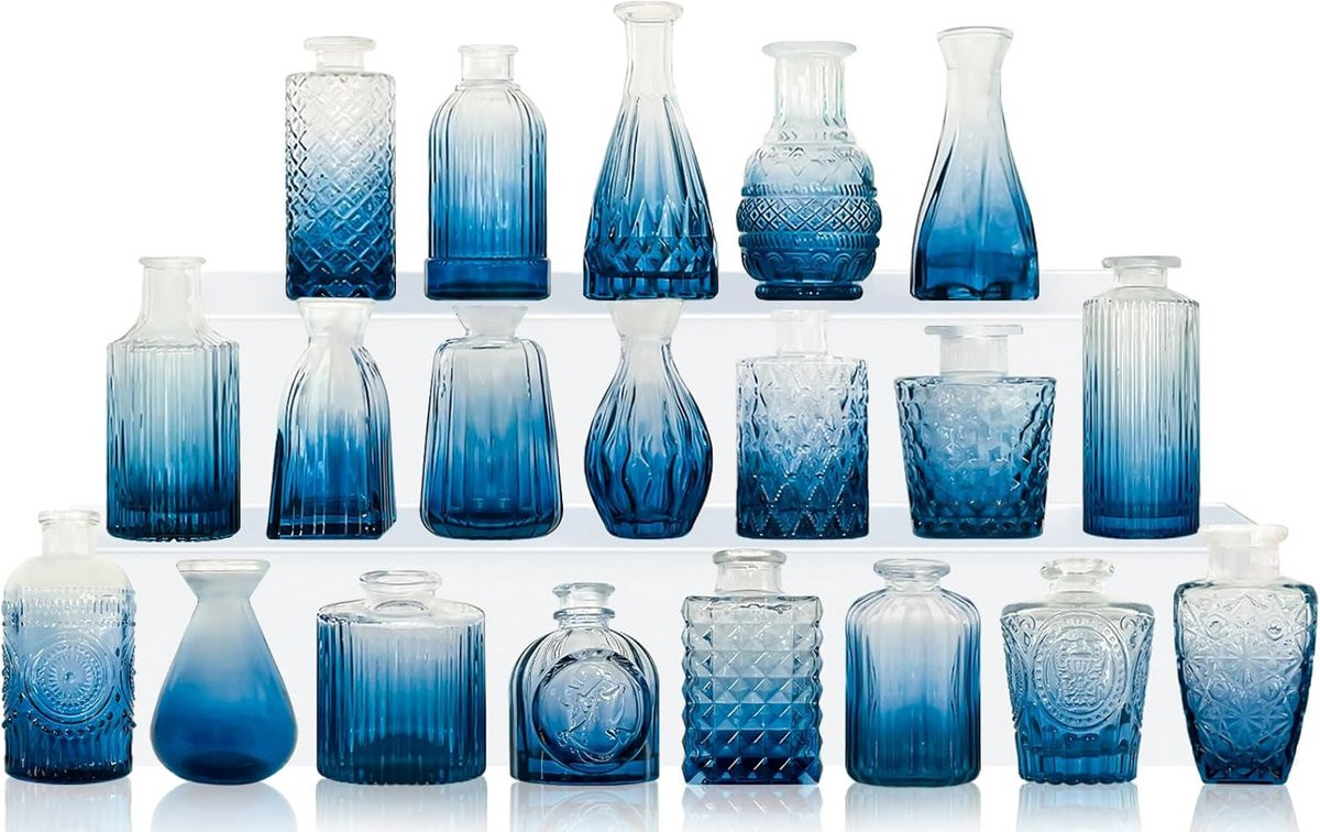 Set van 12 blauwe glazen knopvazen voor bloemen en decoratie