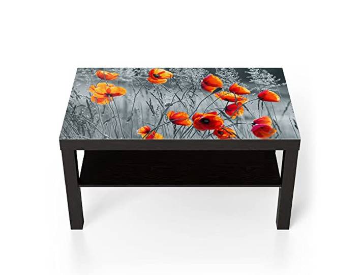 DEQORI Glastisch schwarz groß 90x50 cm Motiv Rote Mohnblumen ausgefallener Beistelltisch aus Glas Hochglanz Couchtisch fürs Wohnzimmer moderner Couch Tisch mit Design
