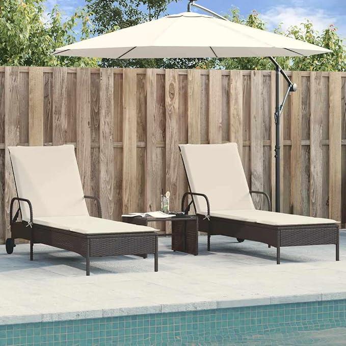 Sonnenliegen mit Auflagen 2er Set Schwarz, Poly Rattan Gartenliege mit 3 Fach Verstellbarer Rückenlehne, Rollen, Kissen für Balkon Terrasse Pool Outdoor Relaxliegen
