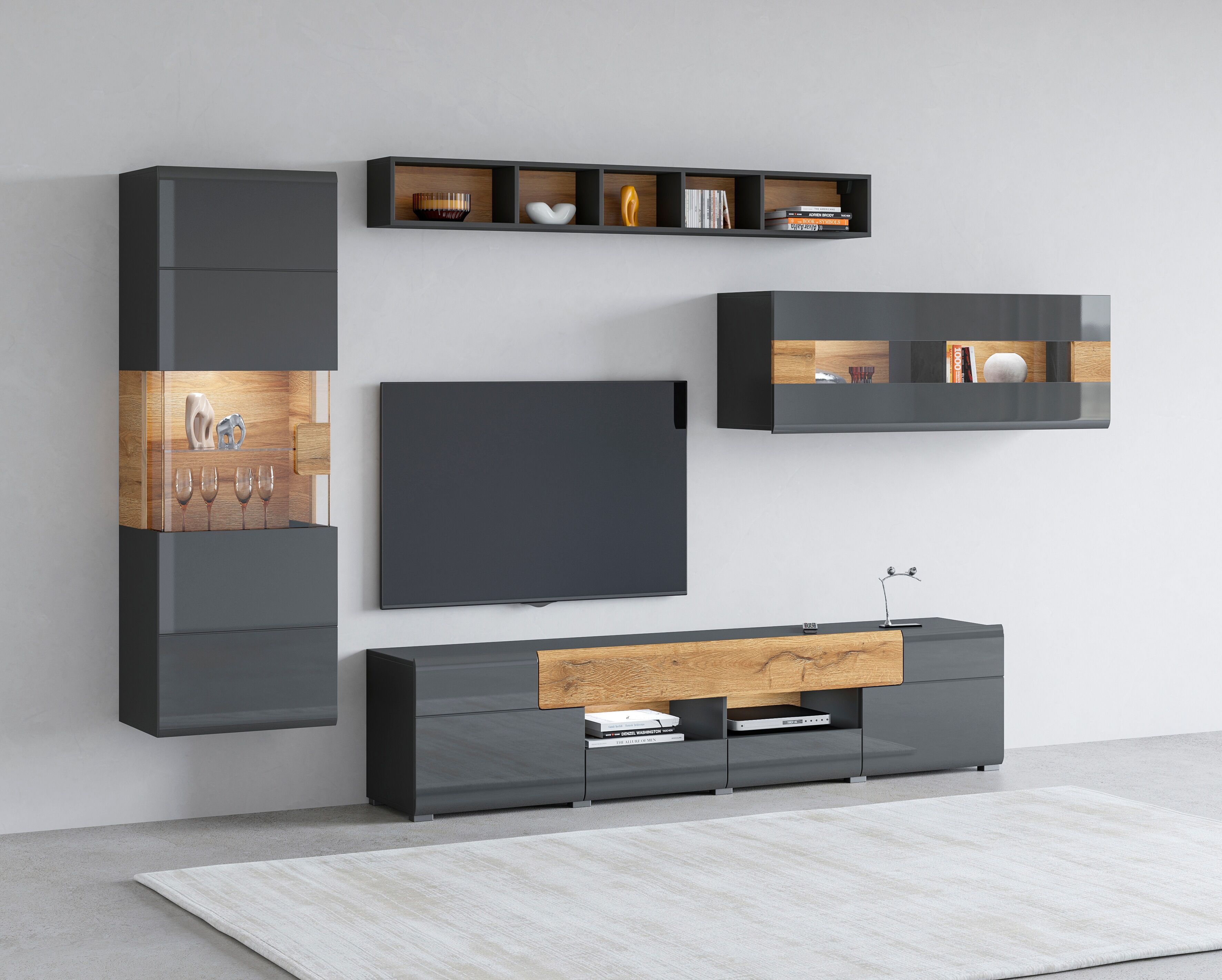 Wohnwand GOODPRODUCT "Toledo,Breite 391cm stilvolle Mediawand ohne Beleuchtung", schwarz (antrazit, antrazit, alteiche), B:261cm, ABS-Kunststoff, Glas, MDF, Melamin, Metall, Kastenmöbel-Sets, Wohnwand, Anbauwand (2xHängevitrine,Lowboard,Hängeregal)MDF Hoc