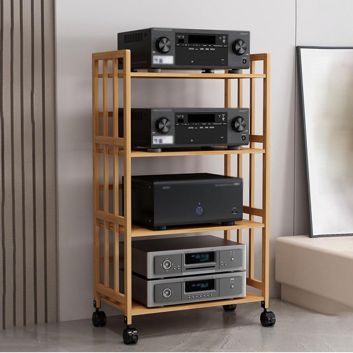 Audio Rack Media Stand Mahonie - Opbergkast voor AV-systemen met Verstelbare Planken en Zwenkwielen - Breedte: 70 cm