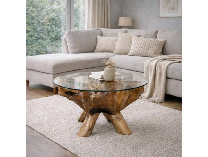 LEBENSwohnART Teak Couchtisch ZONAS 80cm Natural Massivholz Wohnzimmertisch mit Glasplatte Wurzelholz