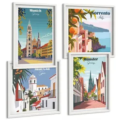 BILDER SET 4er Set - 50x50 cm & 40x60 cm Weißer Rahmen - Europäische Städte in farbigen Illustrationen