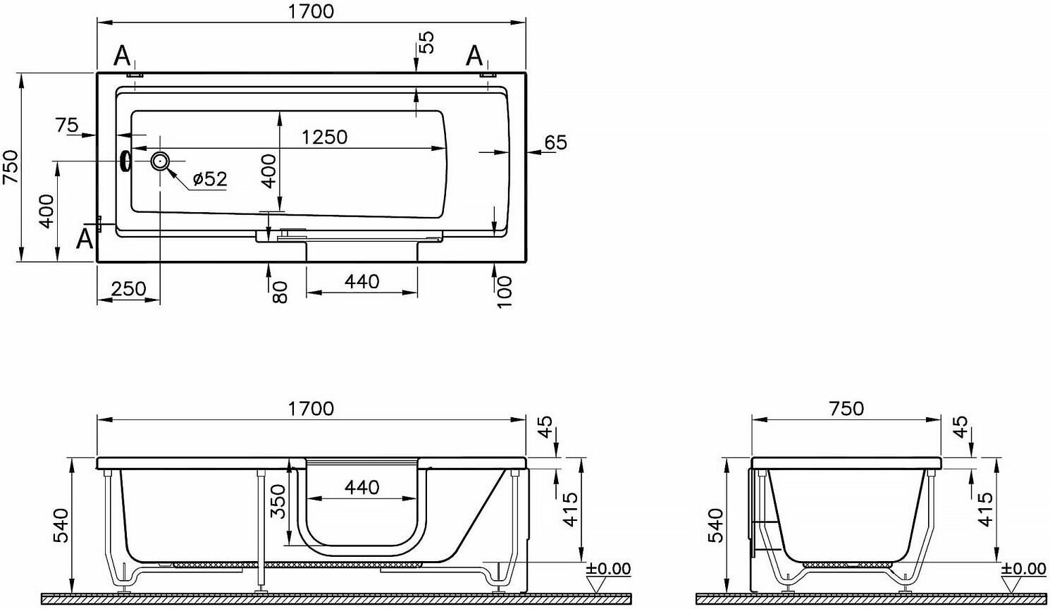 VitrA Conforma Combo Badewanne, Einstieg rechts und Whirlsystem Aqua Soft
