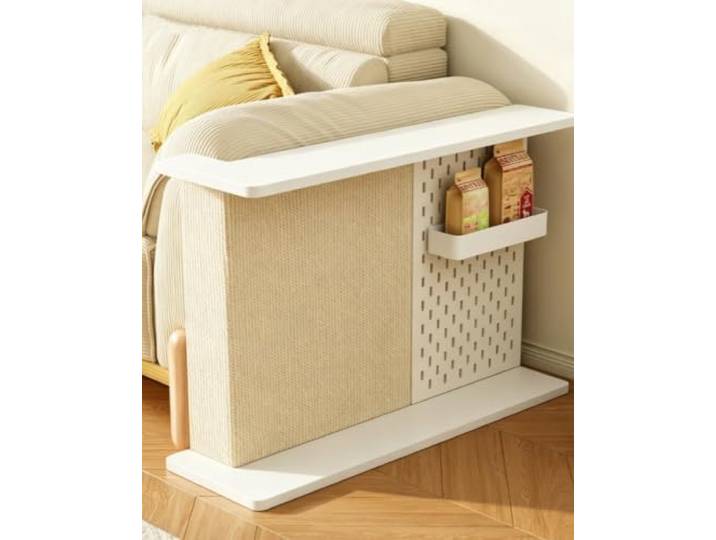 Kratzschutz Sofa Katze Beistelltisch Aus Holz mit Kratzbrett und Lochplatte Kratzschutz für Sofaecken und Möbel, Vielseitiger Beistelltisch mit Kratzmöglichkeit(White,112x42x55cm/44x17x22 )