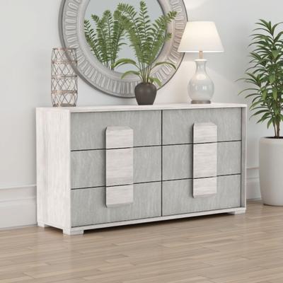 Benjara Nomi Wide Dresser, 6 Drawers and Melamine Top, Stone Gray Front