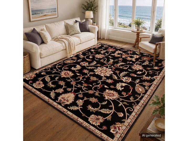 LIVABLISS Tapis de Salon à Poils Courts Doux Bohème Traditionnel BEKURI 160x230cm Noir