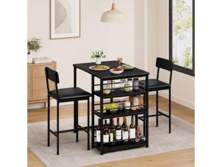 Koioplie Esszimmermöbel 3-teiliges Set Bartisch mit 2 gepolsterten Stühlen 3 Ablagen platzsparend ideal für kleine Küchen Apartments Schwarz