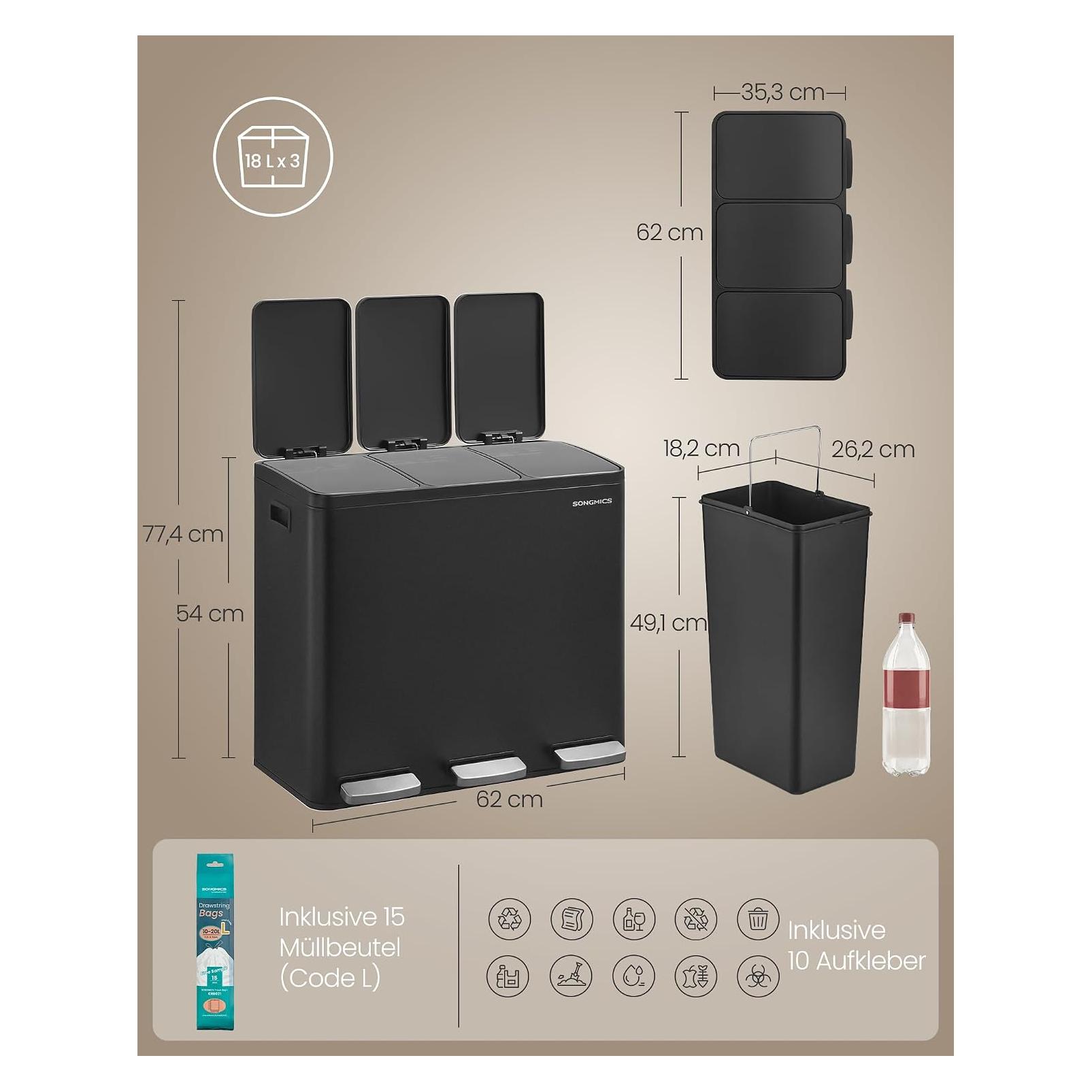 Songmics Mülltrennsystem 3 Fächer 54 l Treteimer Schwarz (54 l) (LTB254BZ02)