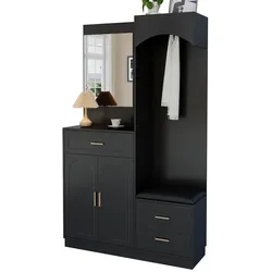 Garderobenschrank mit Spiegel, Schuhbank und verstellbaren Einlegeböden, 185x110x33, Schwarz, platzsparend für Flur und Eingangsbereich