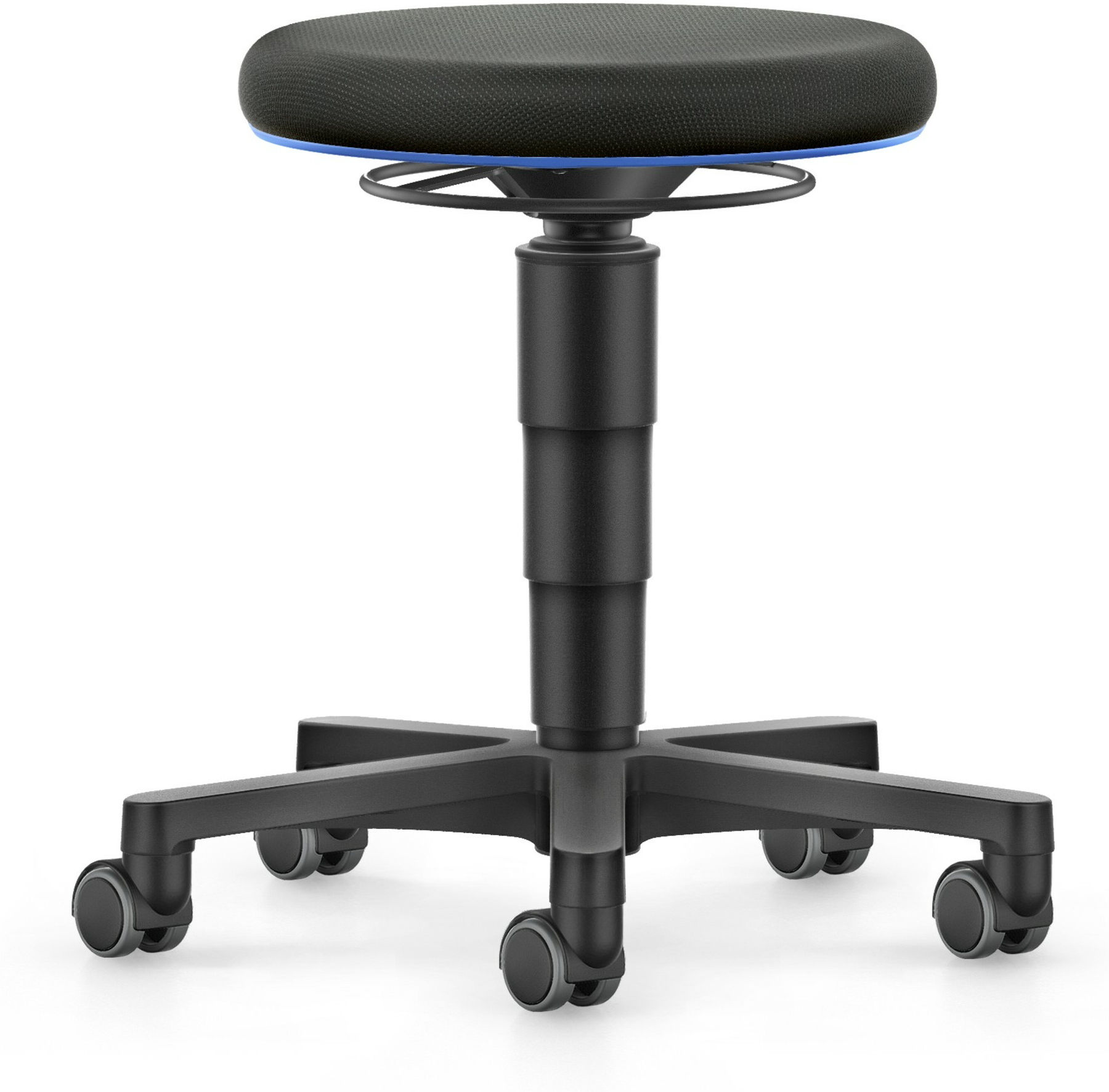 bimos Allround Hocker mit Rollen, Stoff schwarz, Sitzhöhe 450-650 mm, Farbring blau (9463-6801-3277)