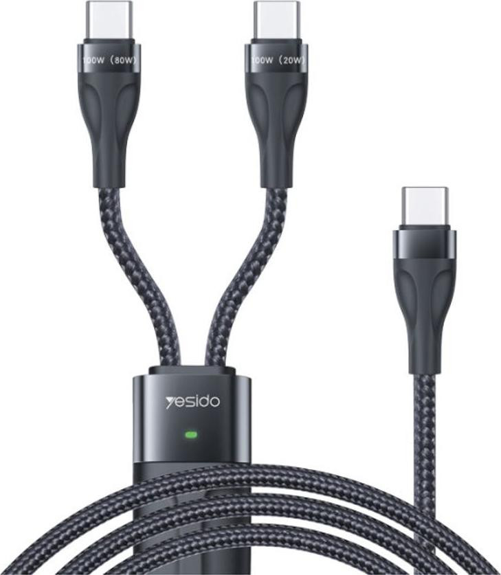 Yes I Do USB-C naar dubbele USB-C snellaadkabel, 100W, 1,4 meter, zwart