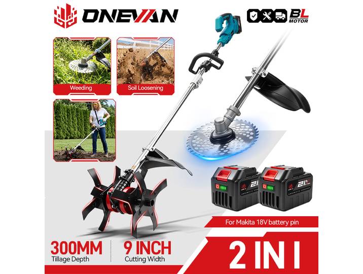 Cultivateur électrique sans fil ONEVAN Brushless 2 en 1, rotoculteur, tondeuse à gazon 9 pouces, outil de jardin pour batterie Makita 18V