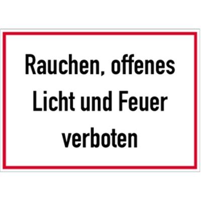 Schild Rauchen, offenes Licht und Feuer verboten, Alu, 350x250 mm