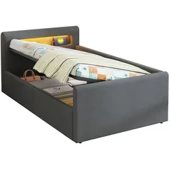 Polsterbett 90x200 mit LED-Licht,USB-Anschluss,Stauraum und Lattenrost–modernes Samtbett mit flexiblen Lehnen für komfortables Schlafzimmer Dunkelgrau