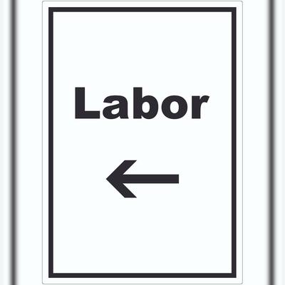 HB-Druck Labor Aufkleber mit Text und Richtungspfeil links untersuchen forschen hochkant A4 (210x297mm)