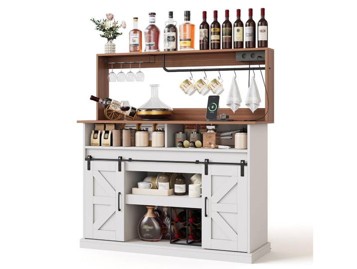 Modfu Buffet Sideboard 120x40x130cm Weiß mit Steckdosen & Schiebetüren, 120x130x40 cm, Esszimmer, Anrichten, Buffetschränke