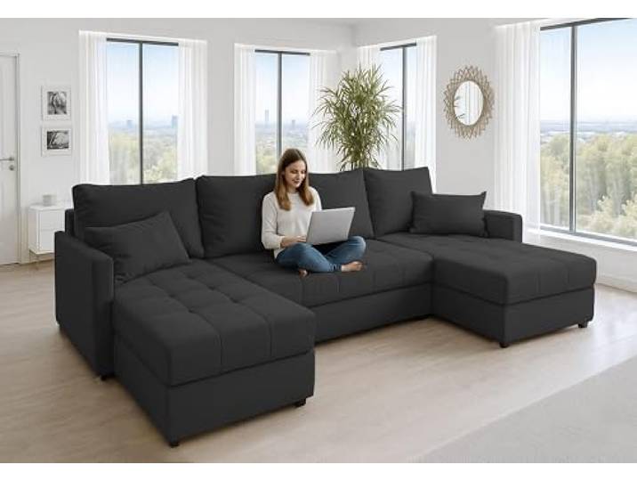 AXLIVING Ecksofa Dolceo 287 cm anthrazit, Schlaffunktion Ecksofa Samt XXL mit Schlaffunktion. Hochwertiger, pflegeleichter Stoff. Tiefe von 140 cm. Liegefläche von 120 × 267 cm.