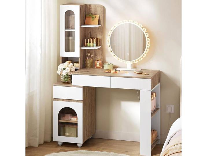 Coiffeuse avec miroir LED - WOLTU - Miroir rond MOBILE - Chêne clair et blanc - Coiffeuse Polyvalent