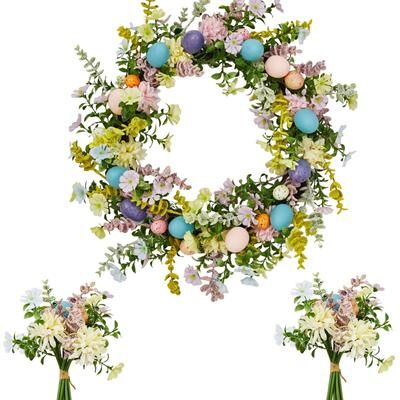 Garvee Artificial Floral Easter Wreath for Front Door – Spring Flower Wreath Artificial Floral Door Wreath on Real Rattan Base