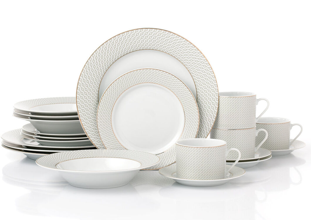 Waterside 20pc Premium Diamond Porcelain Dinner Set Gold;White 20