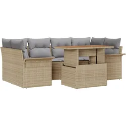 vidaXL 7-teiliges Gartensofa-Set mit Kissen, beige, aus Poly Rattan und Akazie.