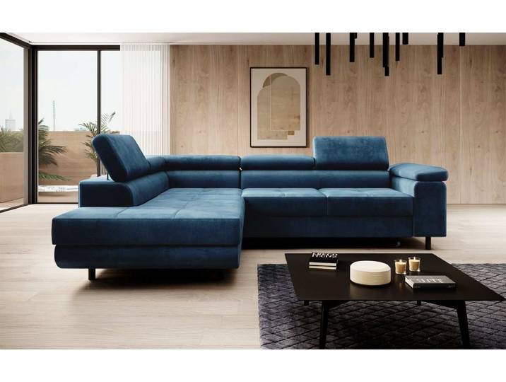 Designer Ecksofa Costa mit Schlaf- und Klappfunktion aus Samt - Blau - Links - Luxusbetten24